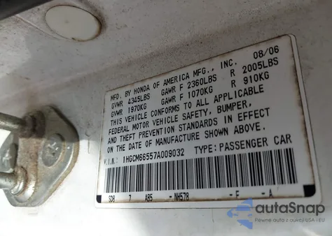 2007 Honda Accord 3.0 Ex из США, поврежденный, VIN 1HGCM66557A009032